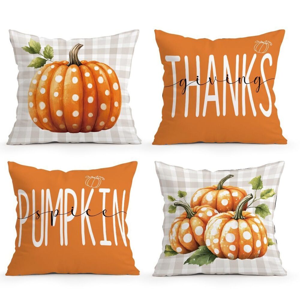 4625 Fall Pillow Covers 18x18 Set of 4, Thankful Pumpkin Dot Cushion Cases